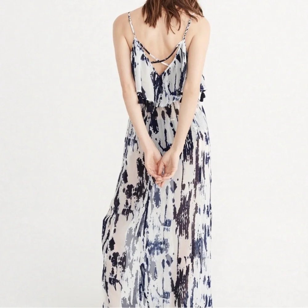 Abercrombie & Fitch Tassel Maxi Dress – Sheer Blue/White Tie Dye Beach Coverup🌊